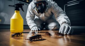 An exterminator in protective gear inspects a cockroach infestation on a wooden floor