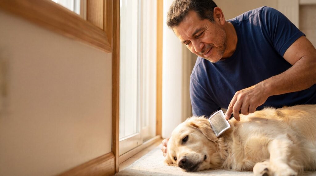 A caring middle-aged Hispanic man gently grooming his Golden Retriever dog with a brush at home in warm morning sunlight