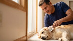 A caring middle-aged Hispanic man gently grooming his Golden Retriever dog with a brush at home in warm morning sunlight