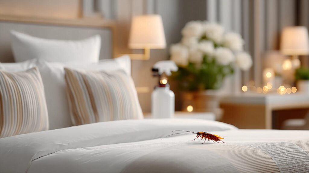 A bed with a white comforter and pillows with Cockroach