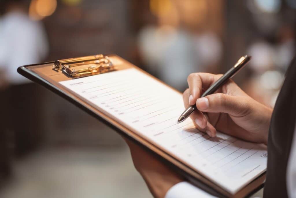 A server writes down customer orders on a clipboard during a bustling dinner shift at a restaurant