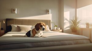 beagle dog lying on bed in hotel with contemporary interior design