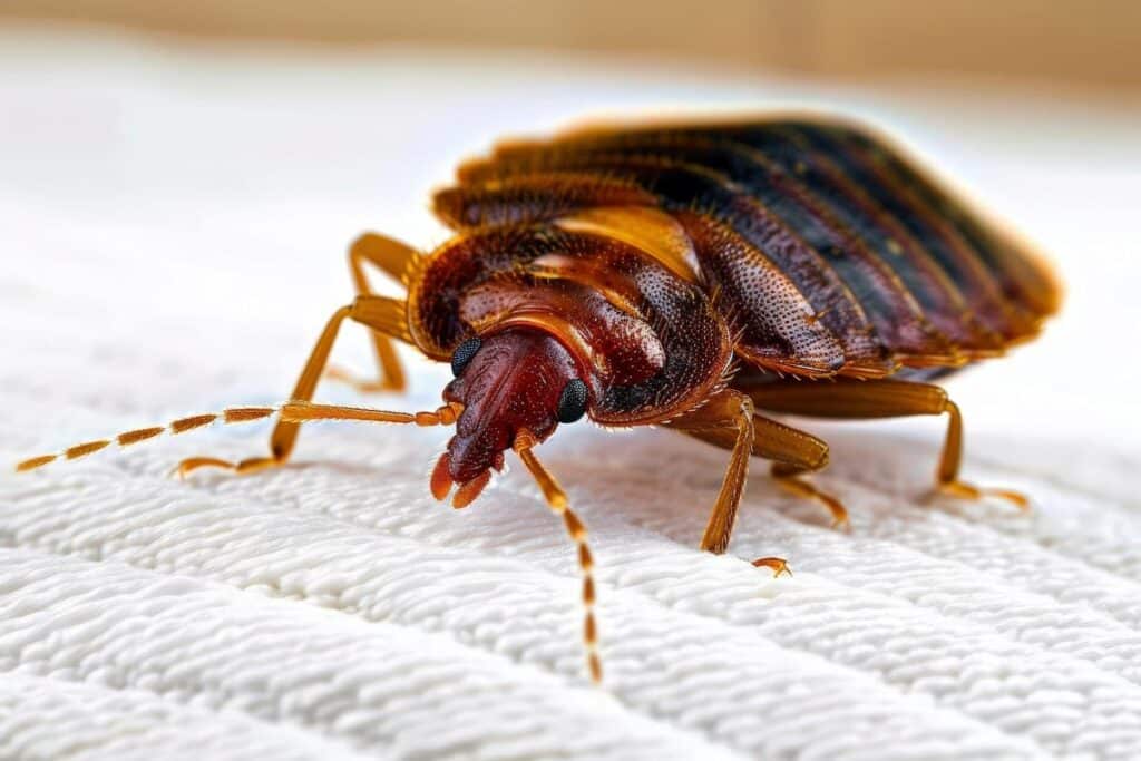 Close-up of a bed bug on bed sheet