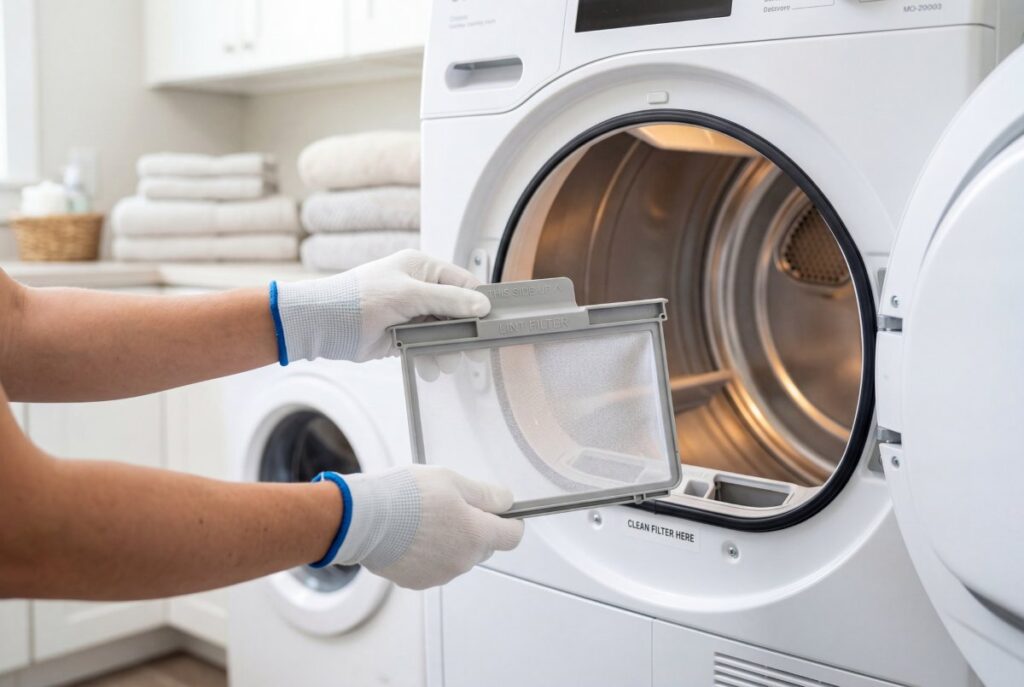 Gloved hands holding a clean lint filter in front of an open clothes dryer