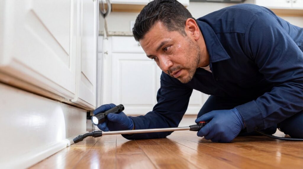 Professional Hispanic male pest control technician kneeling on kitchen floor