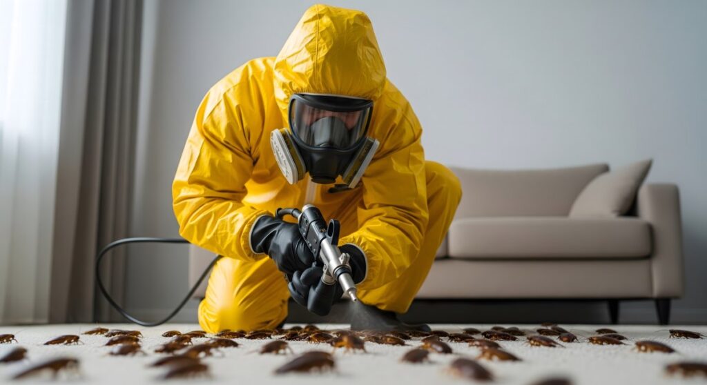 Pest Control Specialist in Protective Suit Spraying Cockroaches