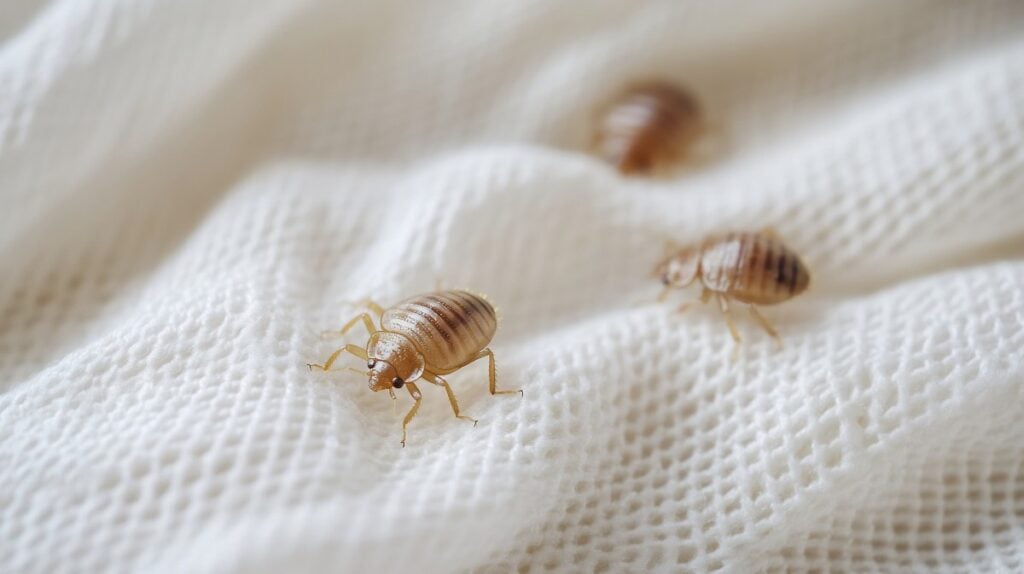 Three bed bugs crawling on white fabric