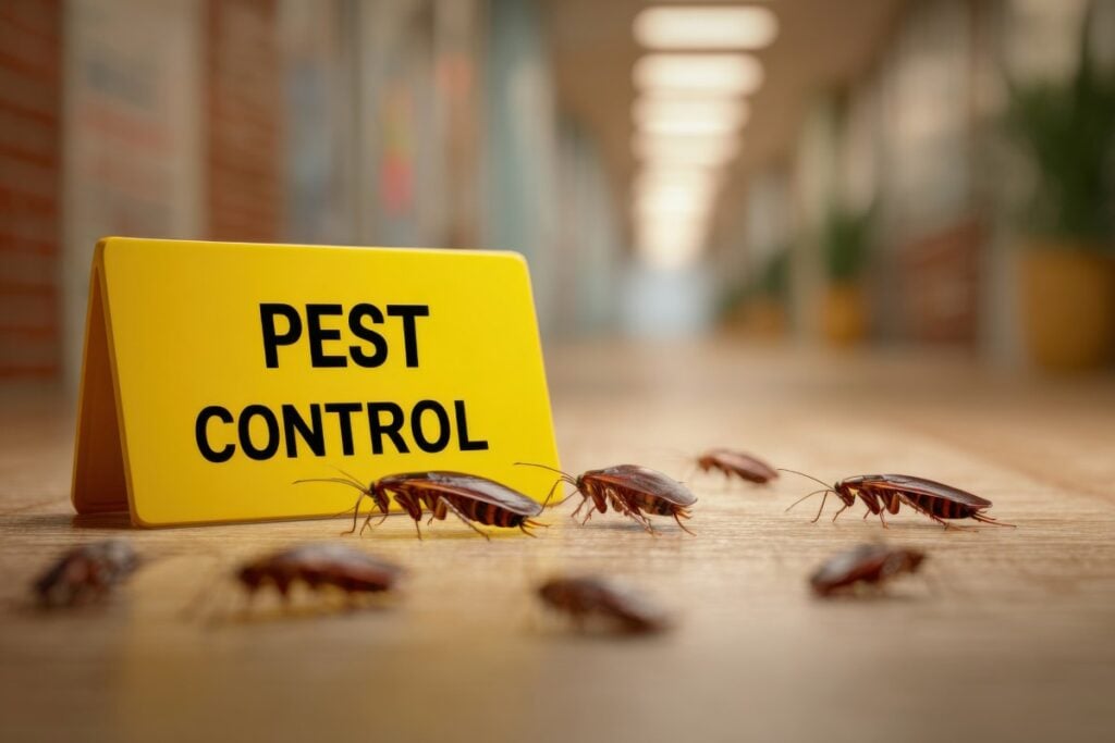 Pest infestation concept with yellow warning sign indicating pest control