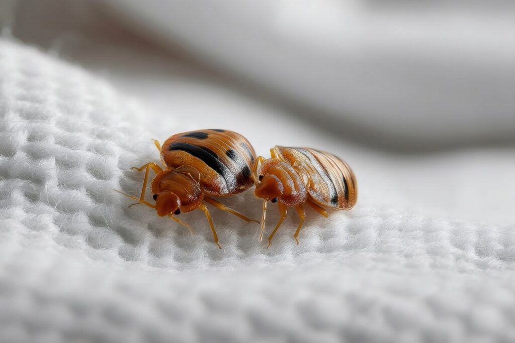Bed bugs crawling on white fabric surface