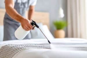 Professional pest control technician spraying insecticide on bed linens in a modern bedroom