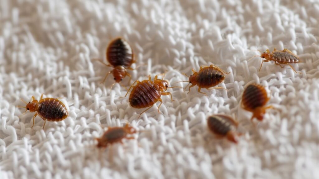 bedbug colony visible on a white bed sheet in a bedroom when viewed from the top
