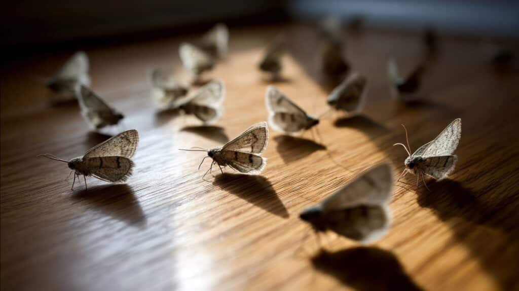 Moth cluster on wooden floor