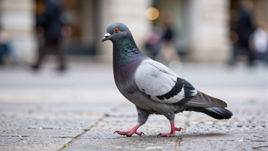 A pigeon is standing on the street with people in the background