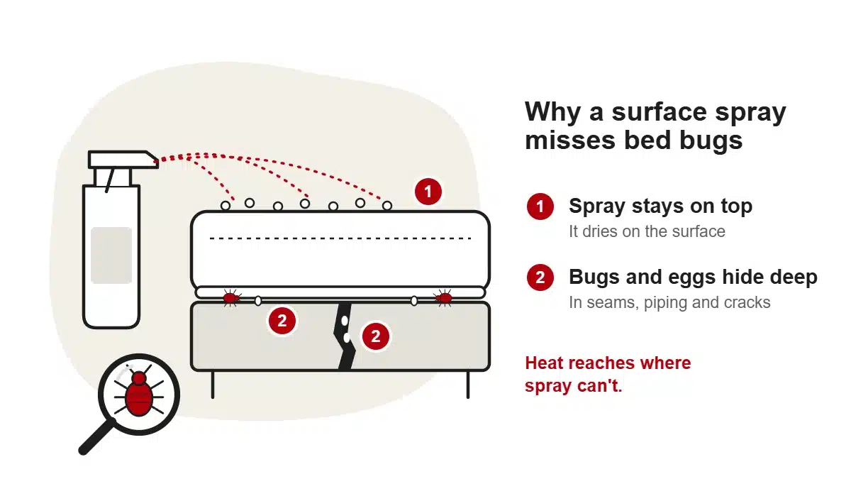 Does Dettol Kill Bed Bugs? 1 Diagram showing a disinfectant spray landing on top of a mattress while bed bugs and their eggs stay hidden deep in the seams, piping and cracks of the bed base