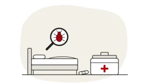 Illustration of a bed, a plaster and a first-aid box, with a bed bug under a magnifying glass