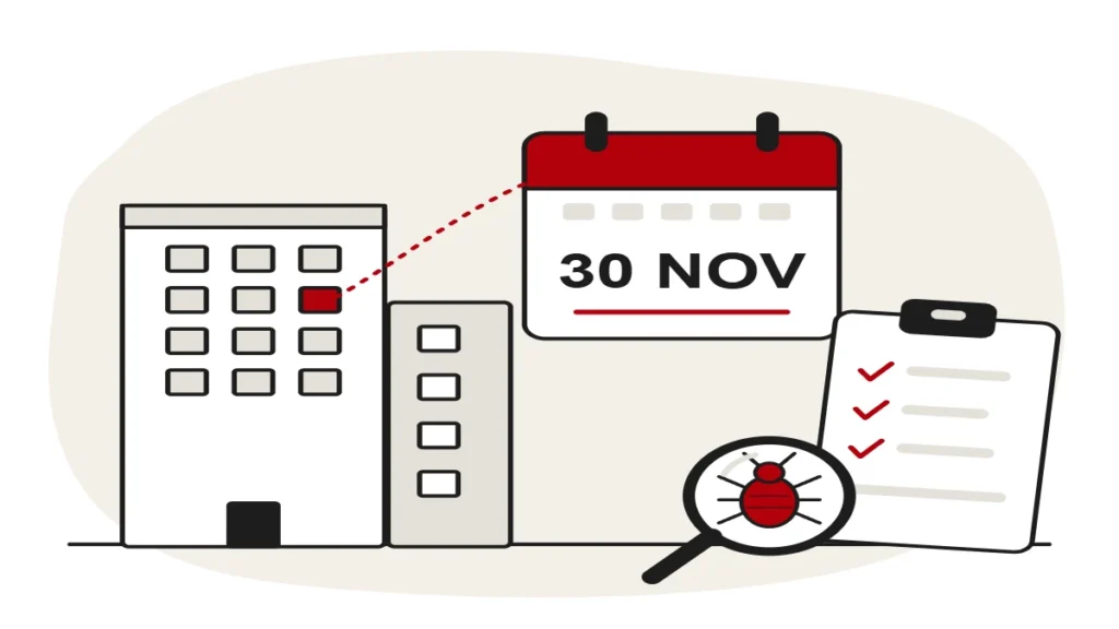 Illustration of a block of flats with a calendar and inspection checklist representing Awaab's Law and pest control
