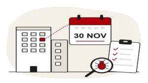 Illustration of a block of flats with a calendar and inspection checklist representing Awaab's Law and pest control