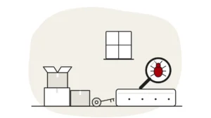 Illustration of an empty room with stacked moving boxes, a house key and a bare mattress, with a bed bug under a magnifying glass above the mattress