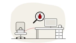 Illustration of an office chair with a bag and a desk, with a bed bug under a magnifying glass