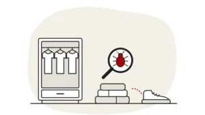Illustration of a wardrobe with shirts, folded clothes and a trainer, with a bed bug under a magnifying glass