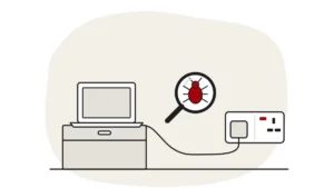 Illustration of a laptop on a bedside table plugged into a wall socket, with a bed bug under a magnifying glass