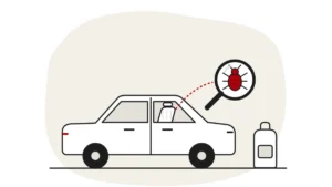 Illustration of a car with a seat visible through the window and a backpack beside it, with a bed bug under a magnifying glass