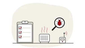 Illustration of a clipboard checklist with red ticks, a heater and a small wireless temperature sensor, with a bed bug under a magnifying glass