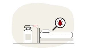 Illustration of an unbranded spray bottle beside a bed, with a bed bug under a magnifying glass