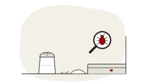 Illustration of a salt shaker and a pile of salt by a skirting board, with a bed bug under a magnifying glass