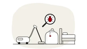 Illustration of a vacuum cleaner and a laundry bag beside a bed, with a bed bug under a magnifying glass