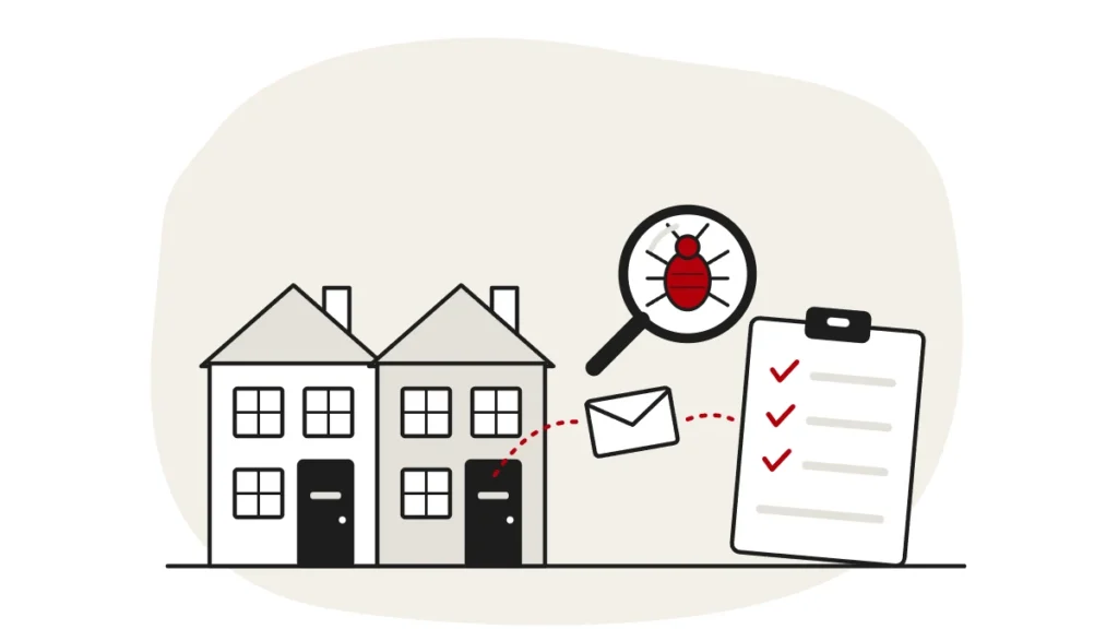 Illustration of two terraced houses, a letter and a checklist, with a bed bug under a magnifying glass