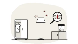 Illustration of an open wardrobe, a floor lamp with small moths and a food jar on a cupboard, with a moth under a magnifying glass